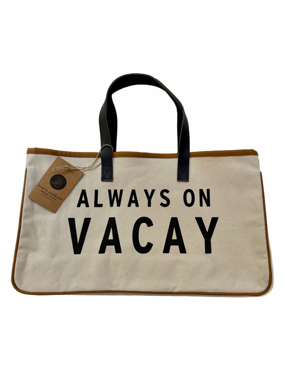 Santa Barbara “Always on Vacay” Large Canvas Tote Bag Cream Black Lettering NEW